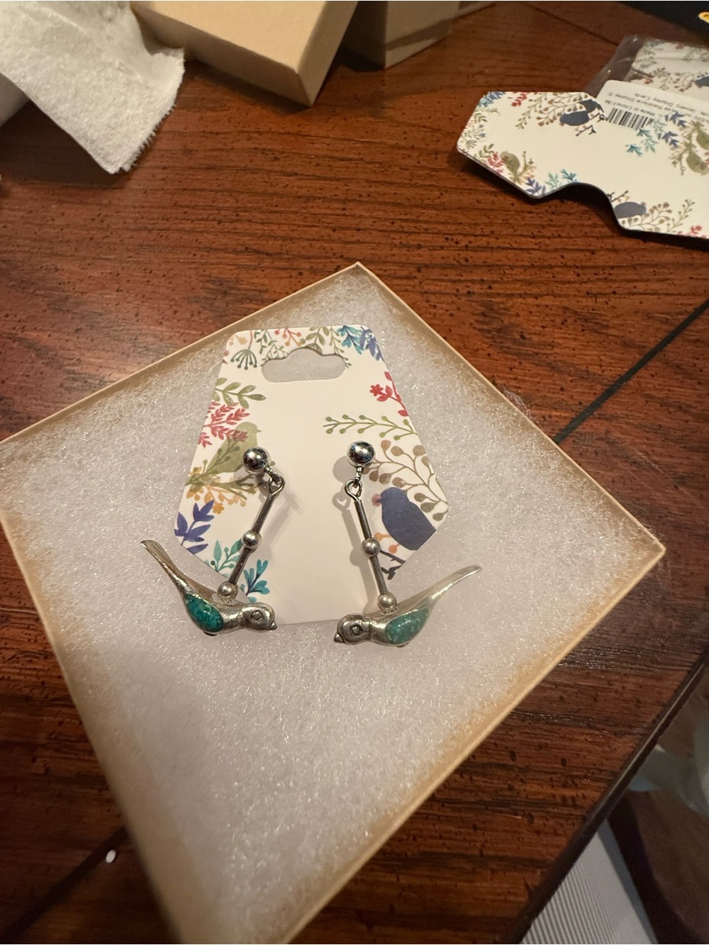 Silver Bird Drop Earrings with Teal Enamel Accents